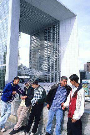 French teens at the Arche de la Defense in Paris, France.