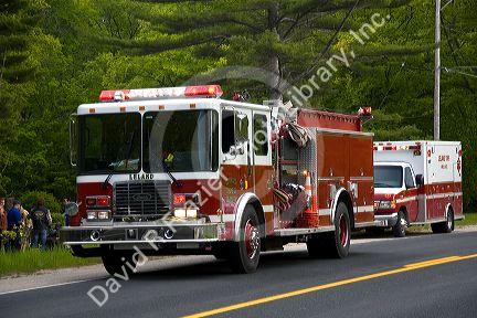 Firetruck and ambulance at the scene of a highway accident near Leland, Michigan.