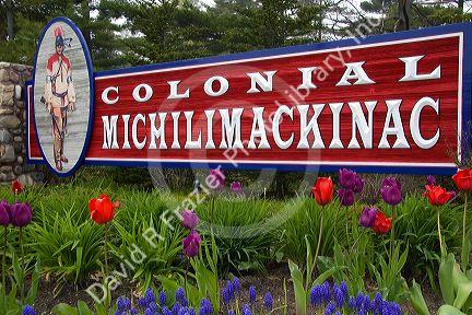 Sign for Colonial Michilimackinac at Mackinaw City, Michigan.