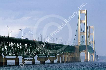 The Mackinac Bridge spanning the Straits of Mackinac at Mackinaw City, Michigan.