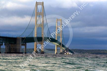 The Mackinac Bridge spanning the Straits of Mackinac at Mackinaw City, Michigan.