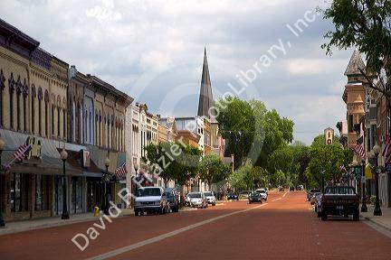 Red brick main street in Ionia, Michigan.