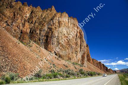 Car traveling on Idaho State Highway 75 near Challis, Idaho.