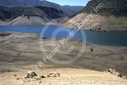 Low water levels at Arrowrock Dam and reservoir near Boise, Idaho.