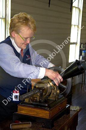 Edison cylinder phonograph in the Thomas Edison Menlo Park laboratory in Greenfield Village at The Henry Ford in Dearborn, Michigan.