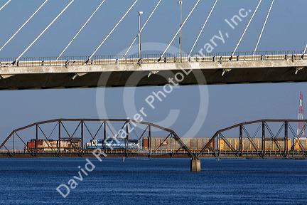 Train crossing the Columbia River near the Ed Hendler Bridge between Pasco and Kennewick, Washington.