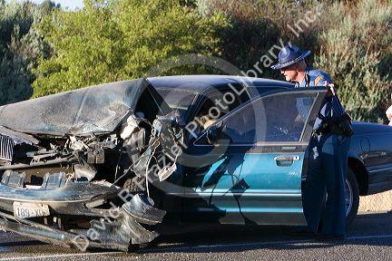 Police officer at the scene of an car accident at Kennewick, Washington.