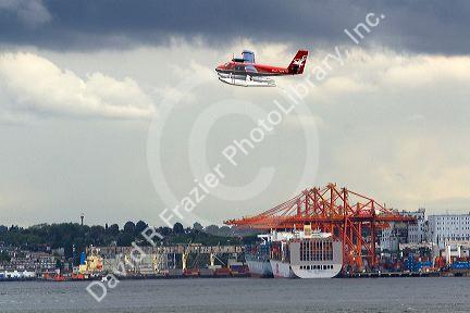 Seaplane flying at Port Vancouver in British Columbia, Canada.