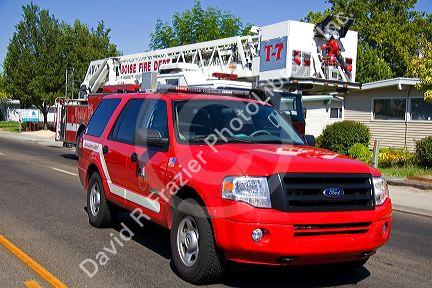 Battalion chief and ladder firetruck for the Boise Fire Department.