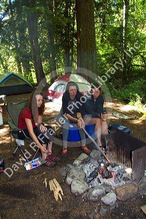 Camper roasting a marshmallow over a campfire in the North Cascades National Park, Washington.
