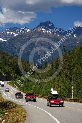 Automobiles travel on Washington State Highway 20 in the North Cascade Range, Washington.