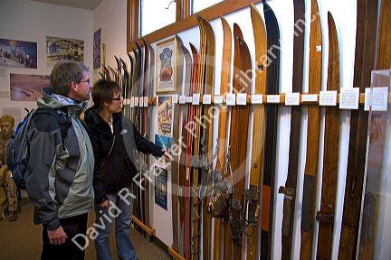 Visitors inside the New England Ski Museum located in the town of Franconia, New Hampshire, USA.