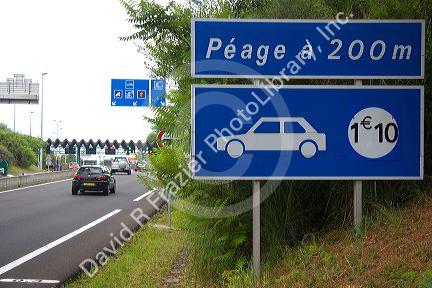 French peage or toll road near the city of Bayonne, Pyrenees Atlantiques, French Basque Country, Southwest France.