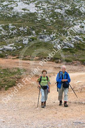 Hikers in the Picos de Europa at Fuente De, Liebana, Cantabria, northwestern Spain.