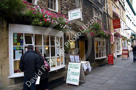 French bistro and English pub on a walking street in Bath, Somerset, England.