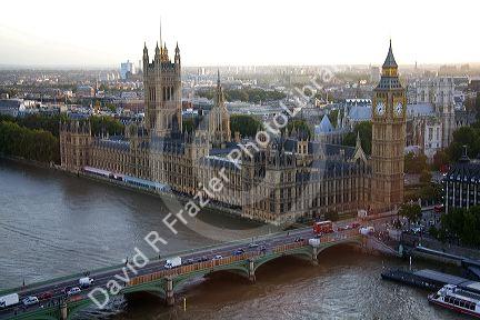The Houses of Parliament along the River Thames in London, England.