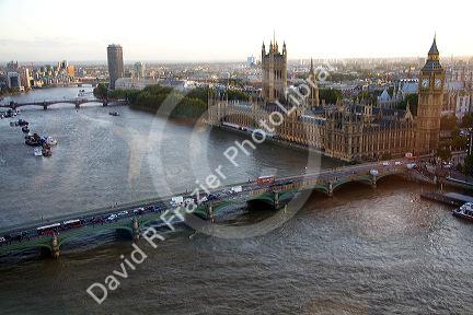 The houses of Parliament along the River Thames in London, England.