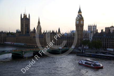 The Houses of Parliament along the River Thames in London, England.