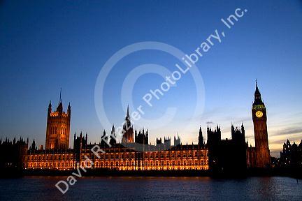 Big Ben and the Houses of Parliament along the River Thames in London, England.