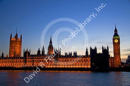 Big Ben and the Houses of Parliament along the River Thames in London, England.