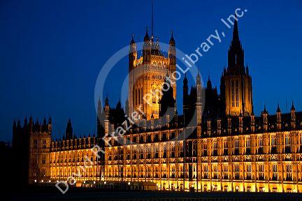 The Houses of Parliament at night in the city of London, England.
