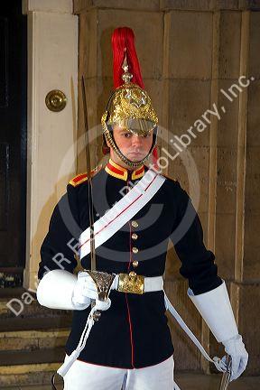 Trooper of the Household Cavalry of the British Army guarding the Horse Guards in London, England.