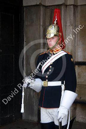 Trooper of the Household Cavalry of the British Army guarding the Horse Guards in London, England.