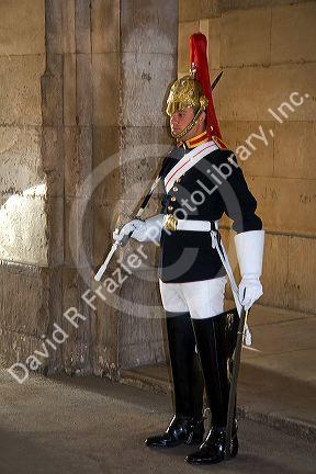 Trooper of the Household Cavalry of the British Army guarding the Horse Guards in London, England.