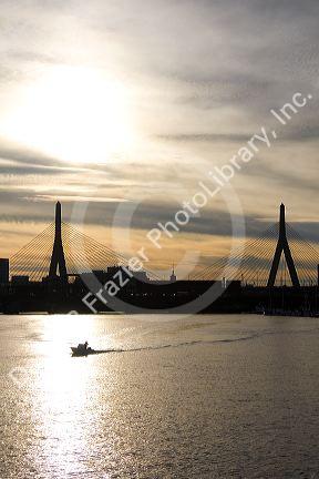The Leonard P. Zakim Bunker Hill Memorial Bridge spanning the Charles River, Boston, Massachusetts, USA.