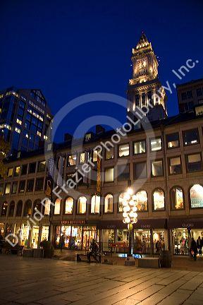 Custom House Tower and Quincy Market located in Faneuil Hall Marketplace in Boston, Massachusetts, USA.