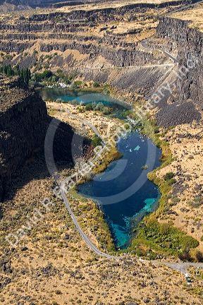Aerial view of Blue Lakes in the Snake River Canyon at Twin Falls, Idaho, USA.