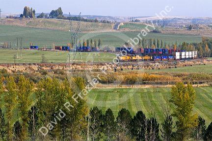 Union Pacific  intermodal container train traveling through Elmore County, Idaho, USA.