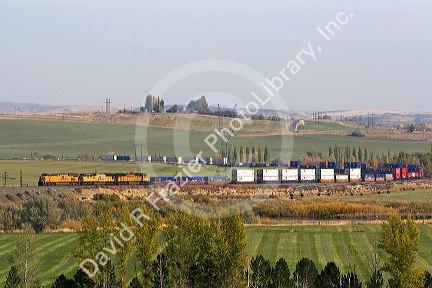 Union Pacific intermodal container train traveling through Elmore County, Idaho, USA.