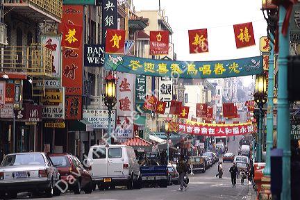 Banners hang above the street in Chinatown, San Francisco, California.