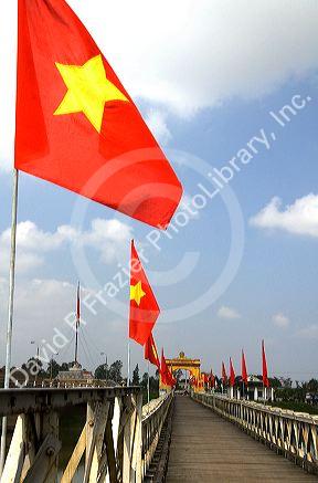 Memorial portal to Ho Chi Minh at the Hien Luong Bridge spanning the Ben Hai River in Quang Tri Province, Vietnam.