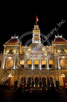 Ho Chi Minh City Hall at night with lights, Vietnam.
