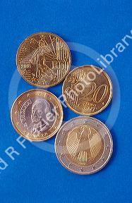 Euro dollar coins from France, Spain, Germany.