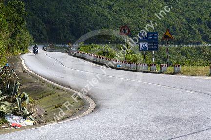Motorcycle traveling on the Hai Van Pass in Vietnam.