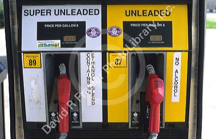 Unleaded gas pump with ethanol sign.