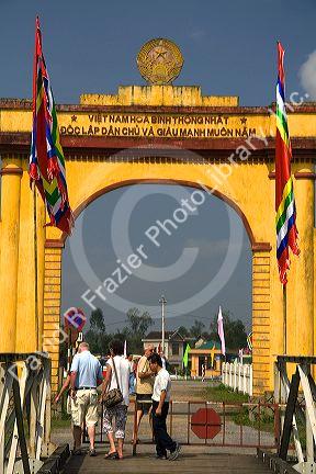 Memorial portal to Ho Chi Minh at the Hien Luong Bridge spanning the Ben Hai River in Quang Tri Province, Vietnam.