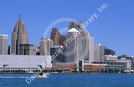 Detroit skyline with the Detroit river in the foreground, Michigan.