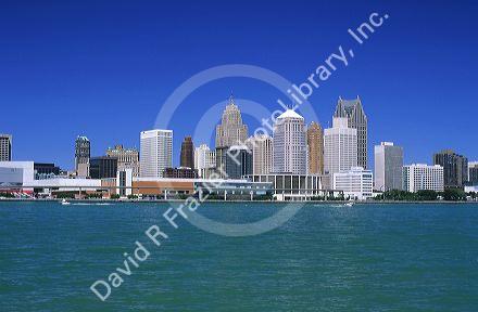 Detroit skyline with the Detroit river in the foreground, Michigan.