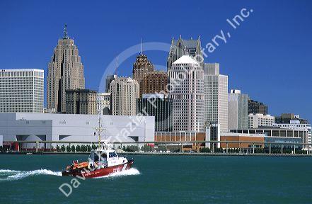 Detroit skyline with the Detroit river in the foreground, Michigan.