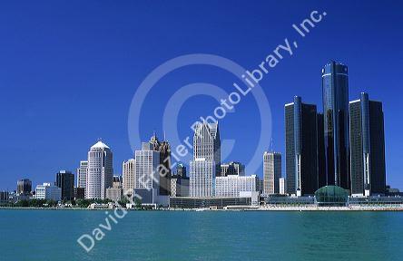 Detroit skyline with the Detroit river in the foreground, Michigan.