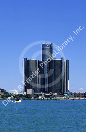 Detroit skyline with the Detroit river in the foreground, Michigan.