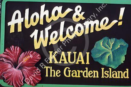 A welcome sign for Kauai, Hawaii.
