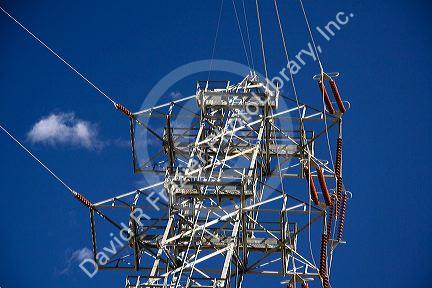 Transmission power lines at the Hoover Dam on the state borders of Arizona and Nevada, USA.