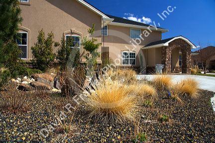 Xeriscaping using rock and native grass to conserve water at a residential home in Boise, Idaho, USA.