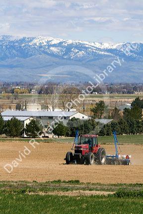 Farmer planting corn crop in Canyon County, Idaho, USA.