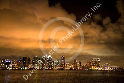 San Diego skyline at night in Southern California, USA.